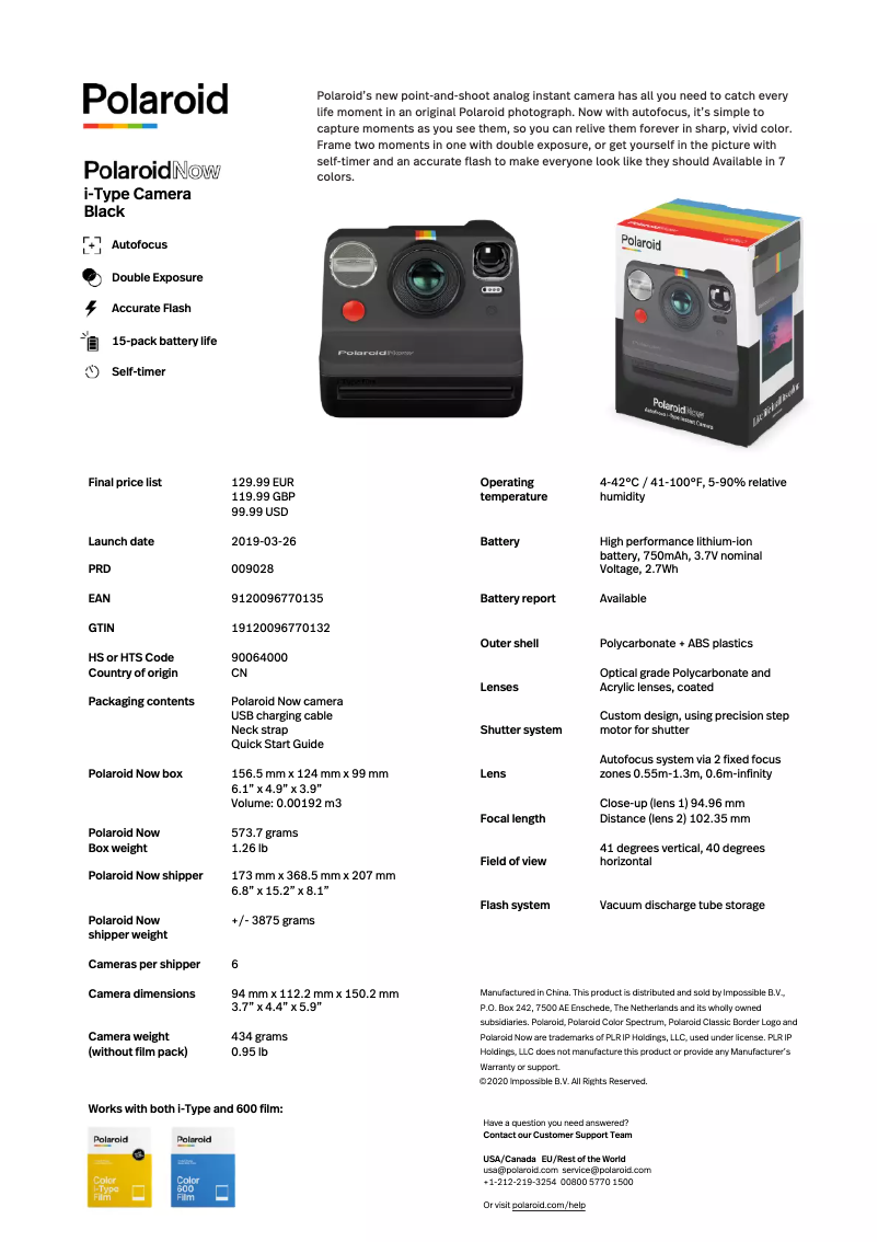 Page 1 de la notice Fiche technique Polaroid Now