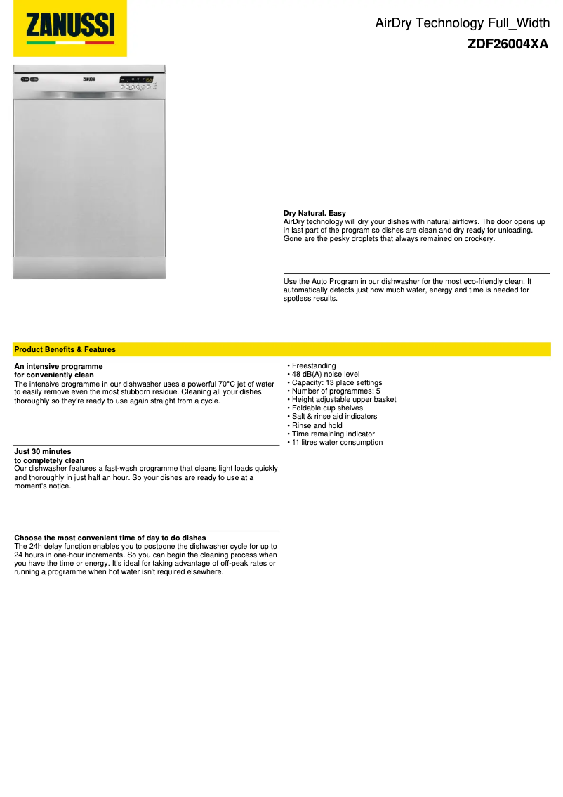 Page 1 de la notice Fiche technique Zanussi ZDF26004XA