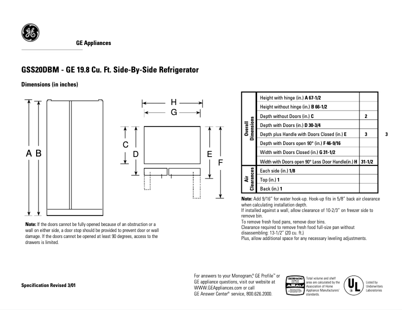 Page 1 of the manual Technical Sheet GE GSS20DBMWW