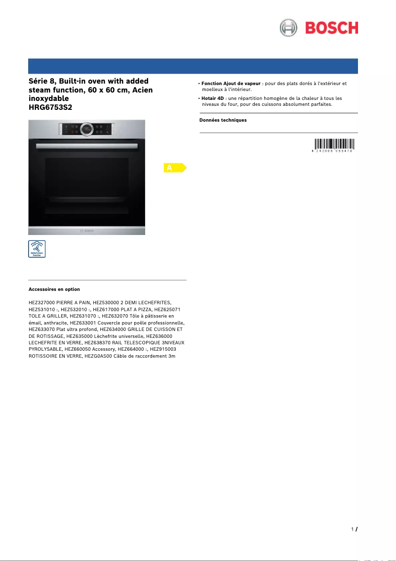 Page 1 de la notice Fiche technique Bosch HRG6753S2