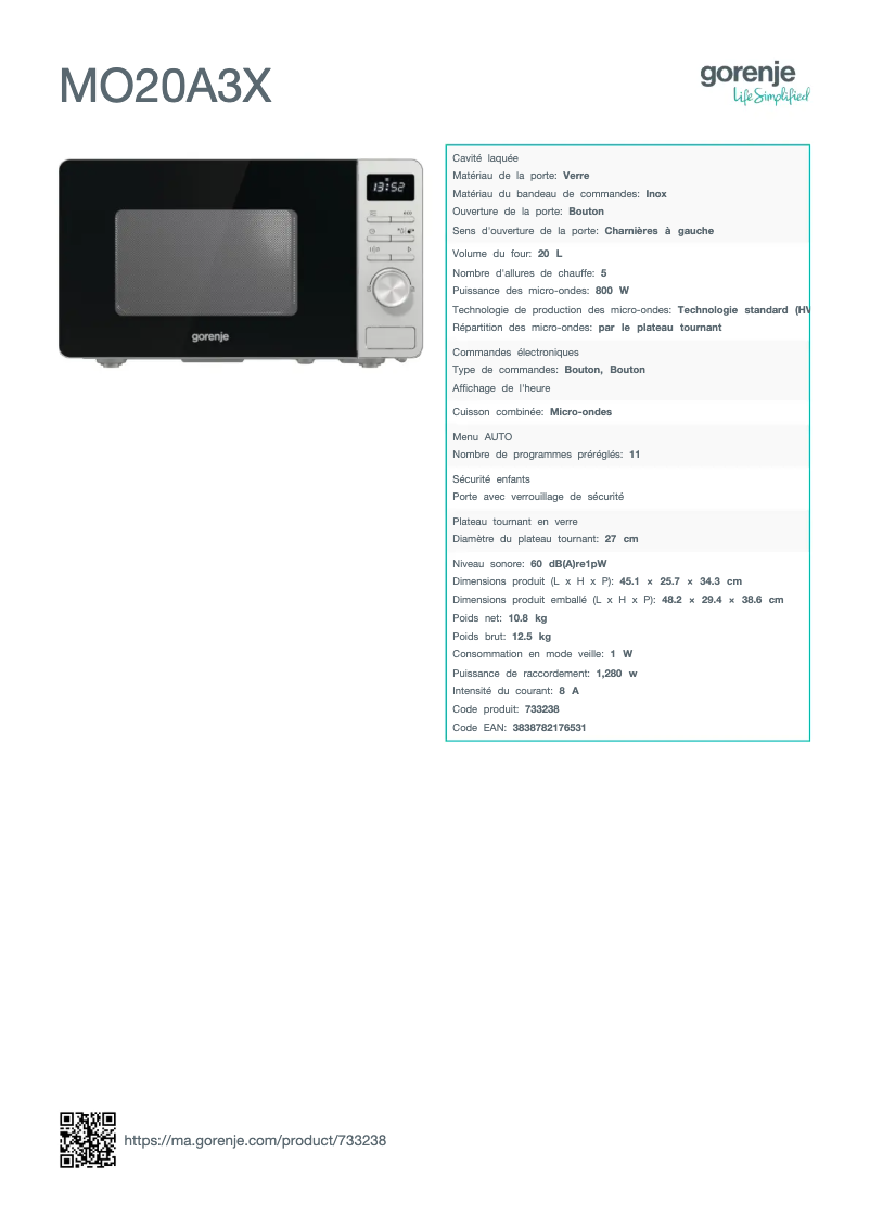 Page n°1 - Fiche technique Gorenje MO20A3X