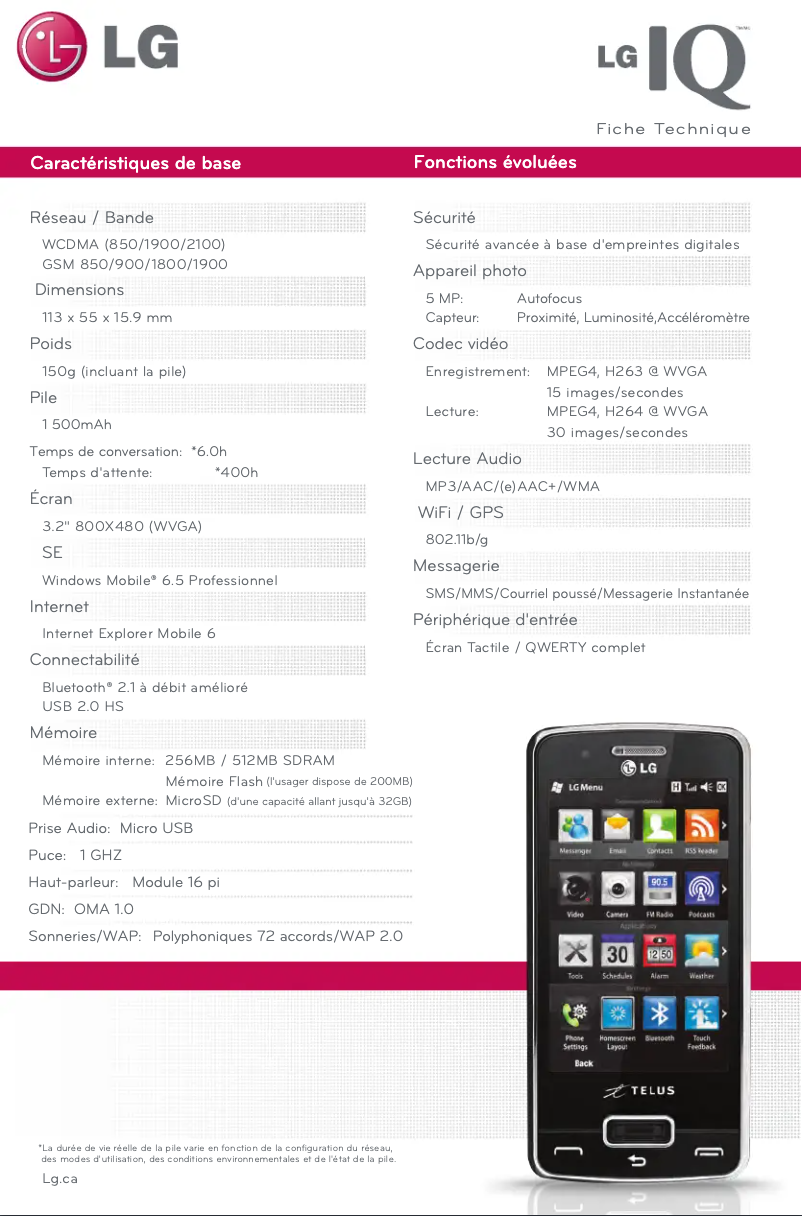 Page n°1 - Fiche technique LG GW825
