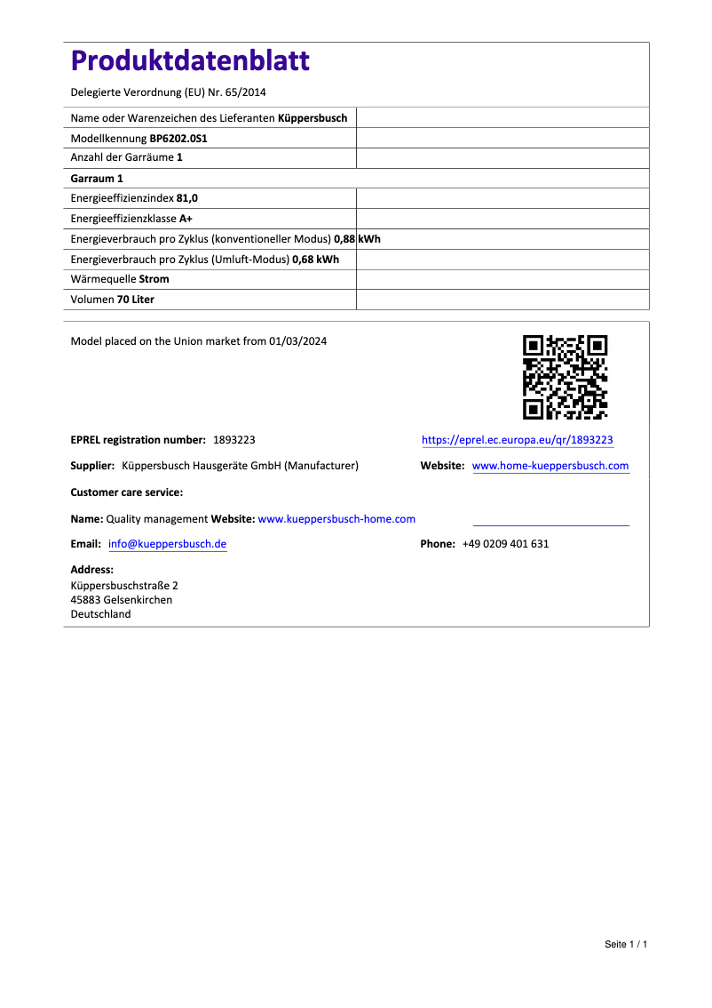 Page 1 de la notice Manuel utilisateur Küppersbusch BP6202.0S1