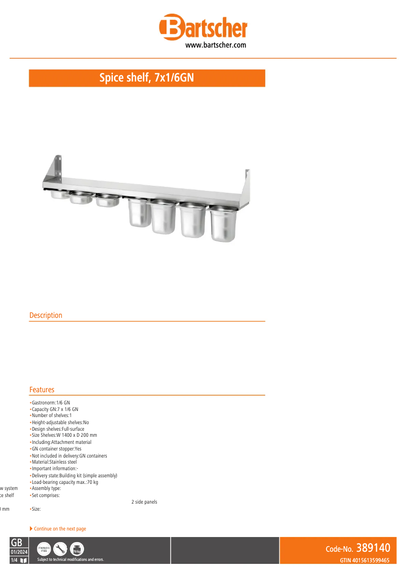 Page 1 de la notice Manuel utilisateur Bartscher 389140