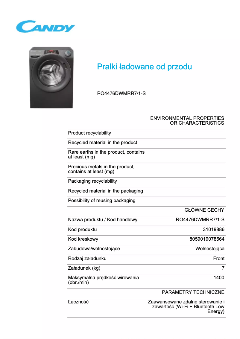 Page 1 de la notice Fiche technique Candy RO4476DWMRR7/1-S
