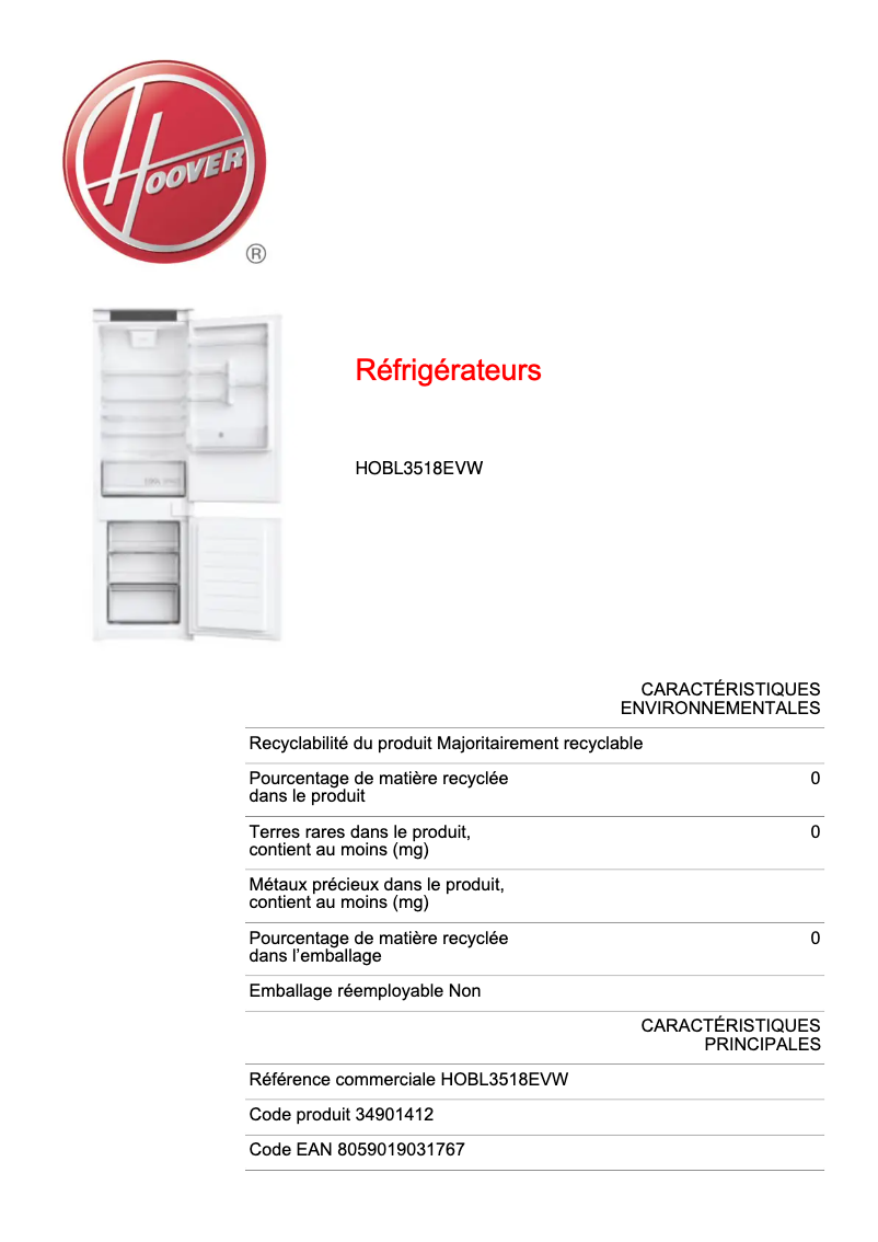 Page n°1 - Fiche technique Hoover HOBL3518EVW