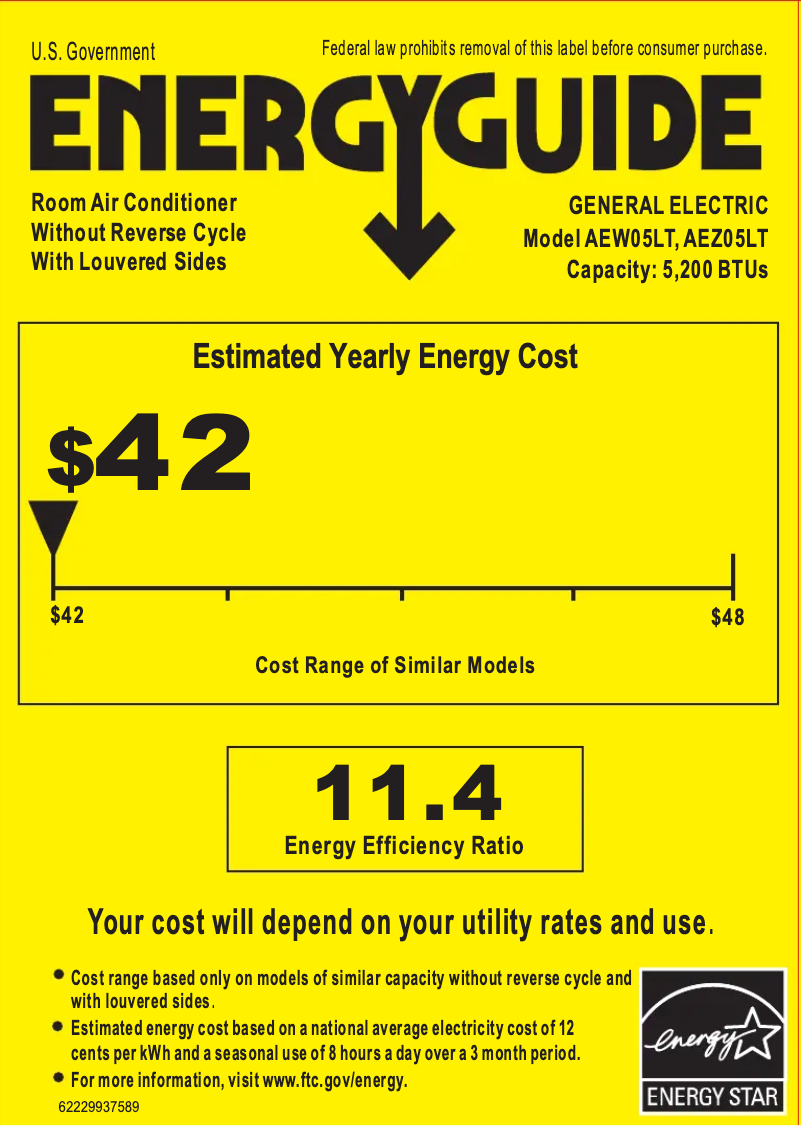 Page 1 de la notice Label énergétique GE AEW05LT