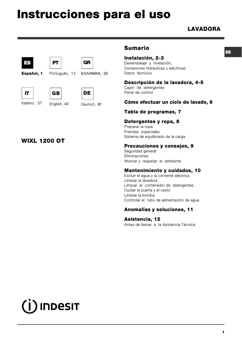 Image de la première page du manuel de l'appareil WIXL 1200 OT (EU)(V)