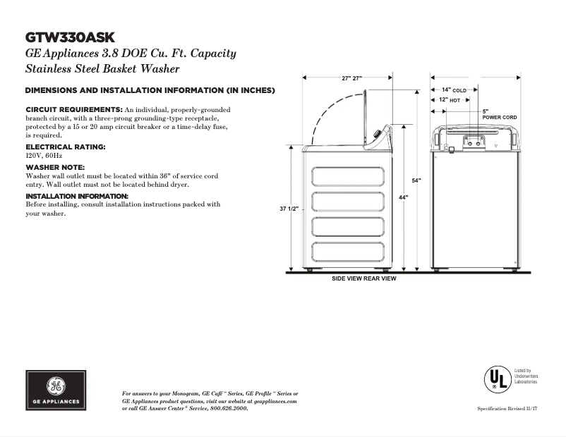Página 1 del manual Ficha técnica GE GTW330ASKWW