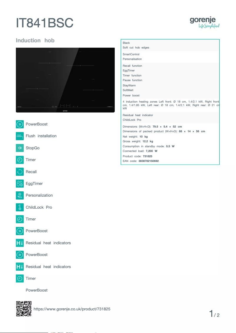 Page n°1 - Fiche technique Gorenje IT841BSC