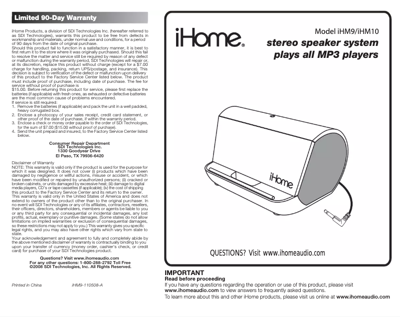 Image de la première page du manuel de l'appareil iHM10