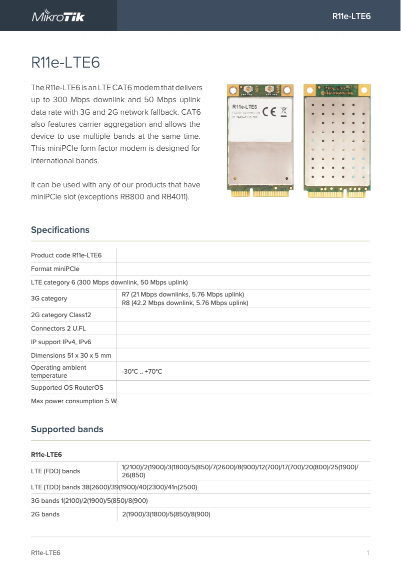 Page 1 de la notice Brochure Mikrotik R11E-LTE6