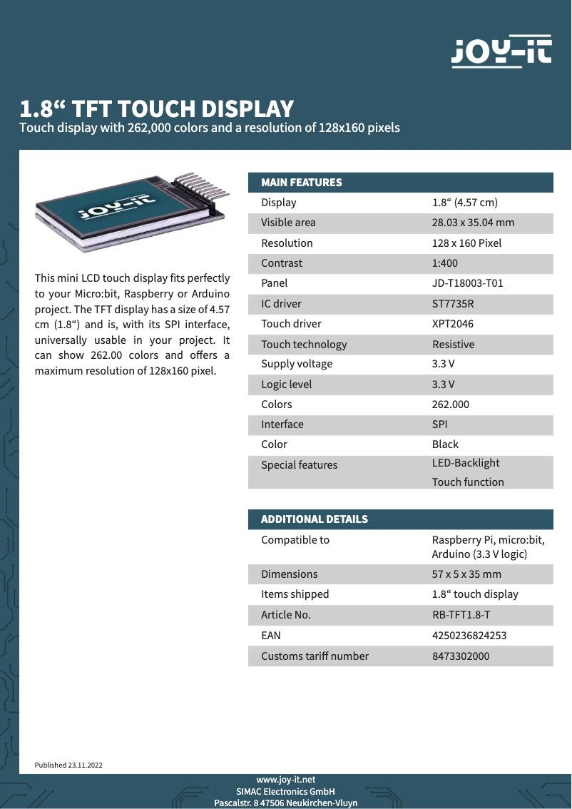 Page n°1 - Manuel utilisateur Joy-It RB-TFT1.8-T