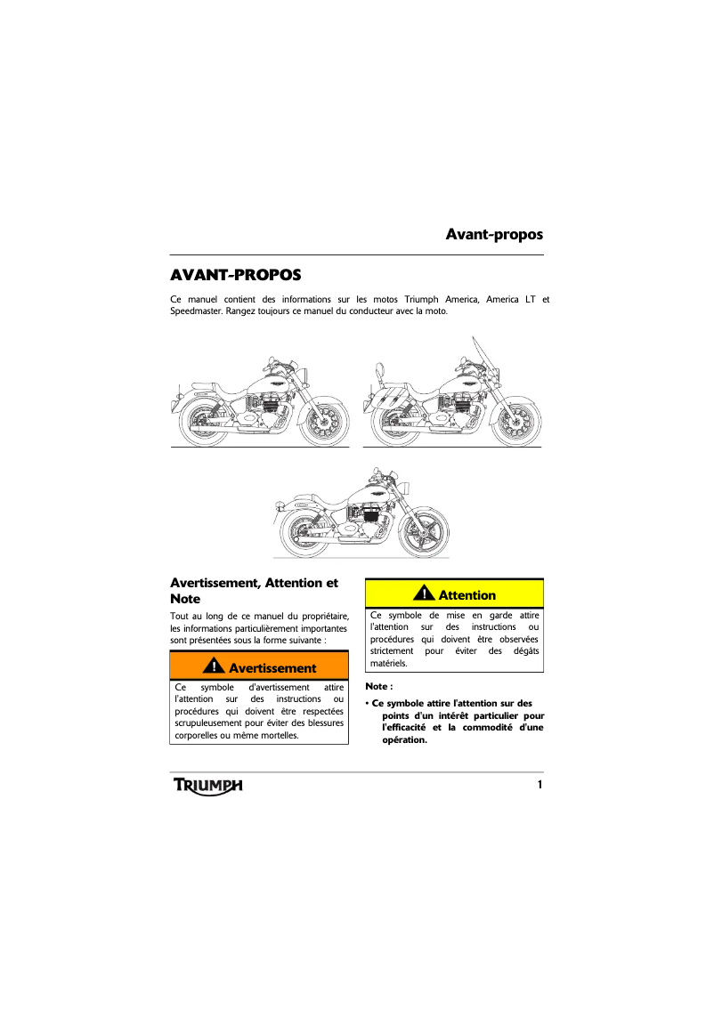 Page n°1 - Manuel utilisateur Triumph America (2016)