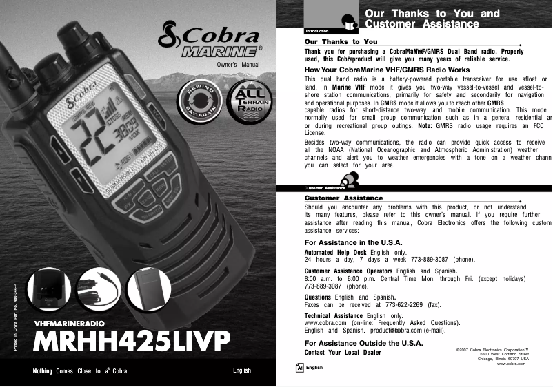 Page 1 de la notice Manuel utilisateur Cobra MR HH425LI VP