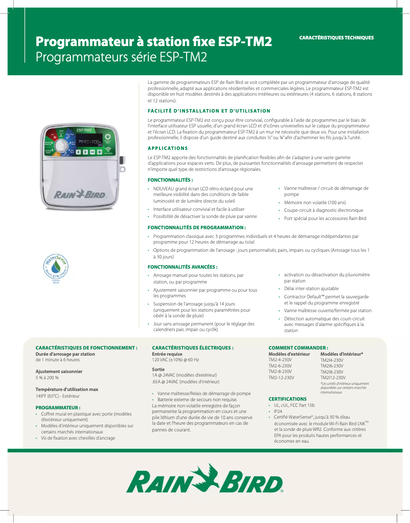 Página 1 del manual Ficha técnica Rain Bird ESP-TM2