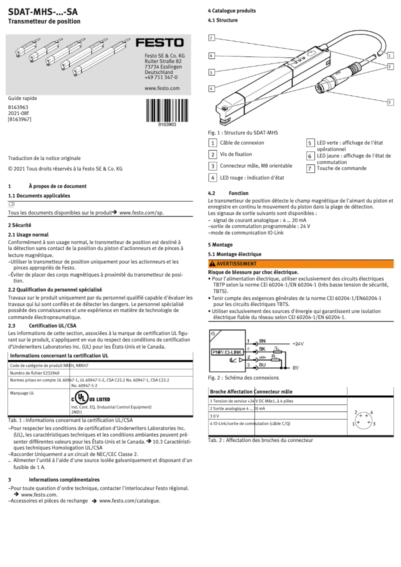 Page 1 de la notice Guide de démarrage rapide Festo SDAT-MHS-M160-1L-SA-E-0.3-M8
