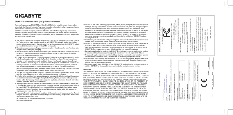 Page 1 de la notice Manuel utilisateur Gigabyte SSD 240GB