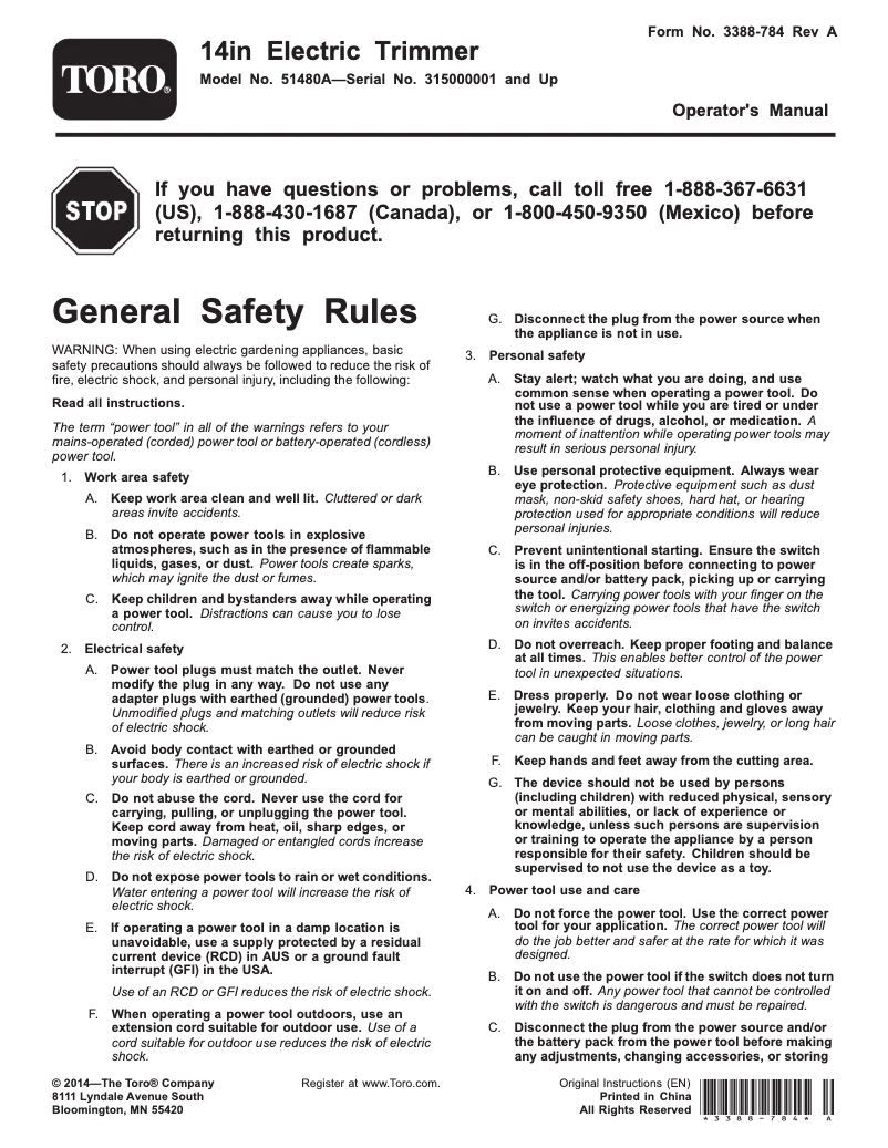 Page 1 de la notice Manuel utilisateur Toro 51480A