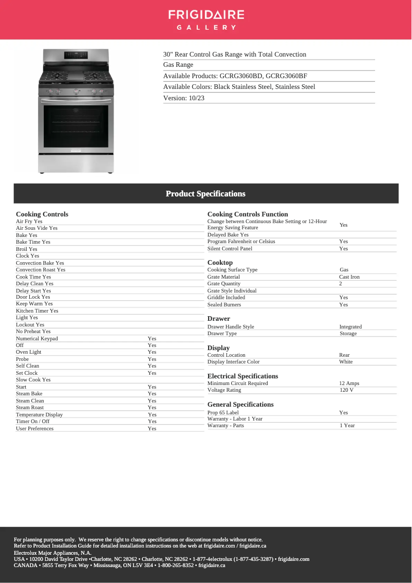Page n°1 - Fiche technique Frigidaire GCRG3060BD