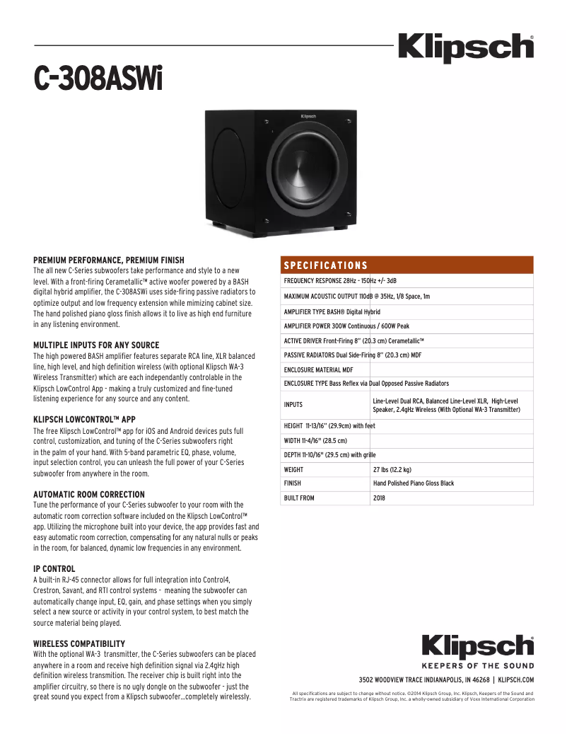 Page n°1 - Fiche technique Klipsch C Series C-308ASWi
