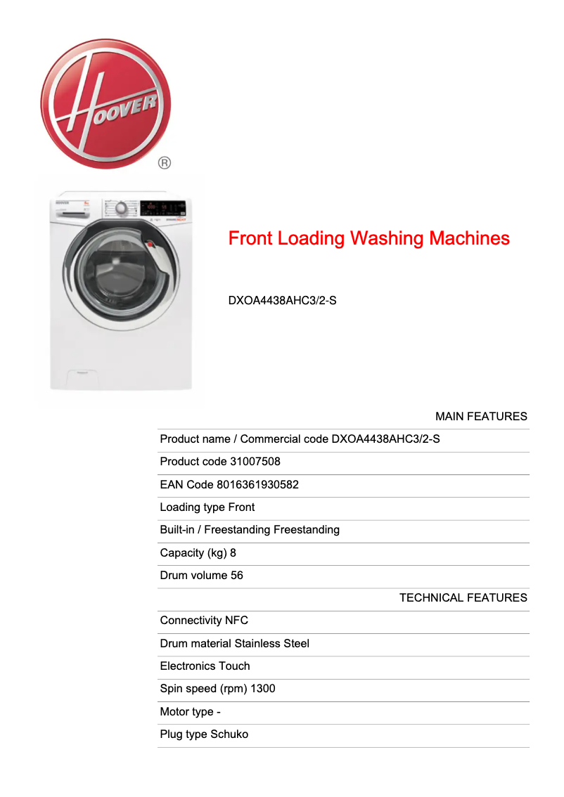 Page 1 de la notice Fiche technique Hoover Dynamic Next DXOA4438AHC3/2-S