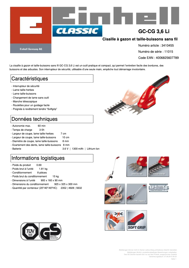 Page 1 de la notice Fiche technique Einhell GC-CG 3,6 Li