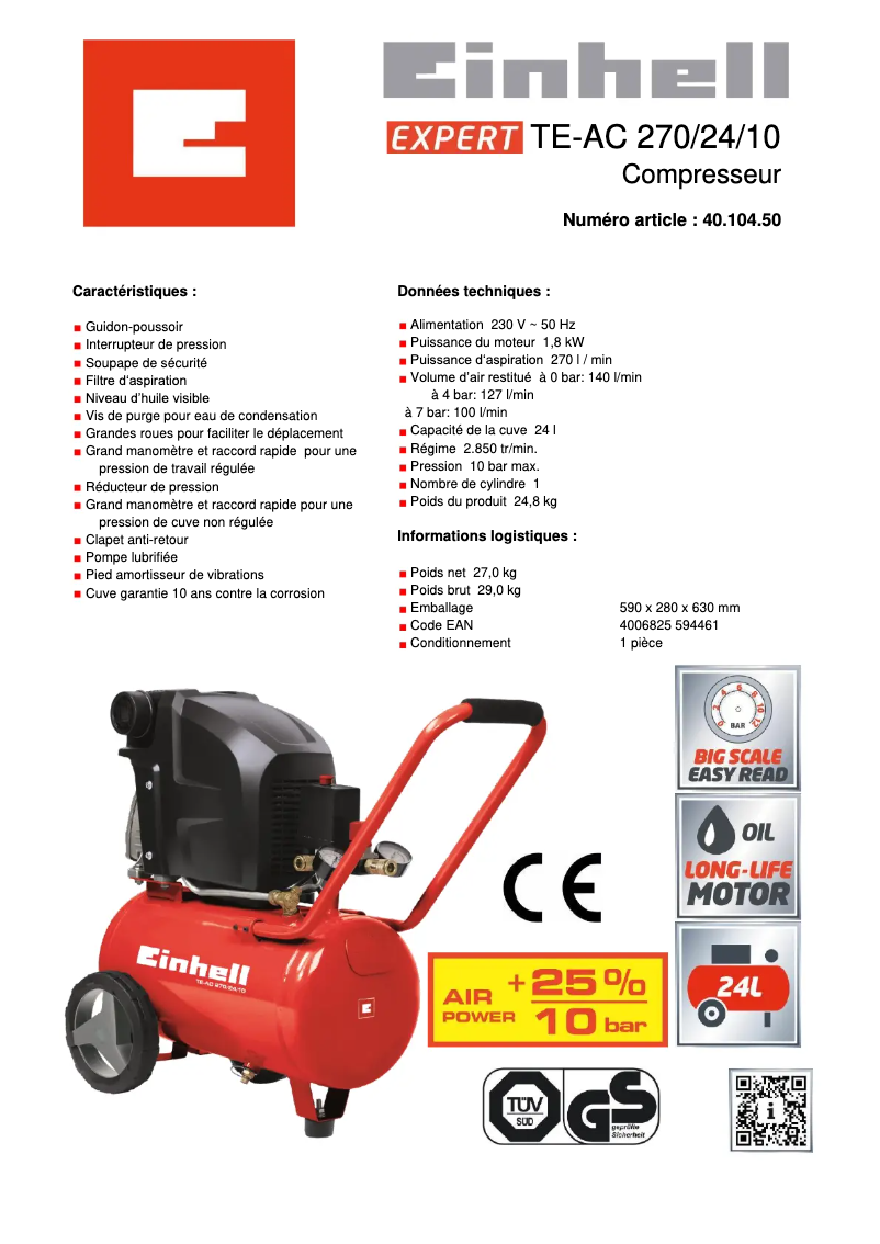 Page n°1 - Fiche technique Einhell TE-AC 36/6/8 Li