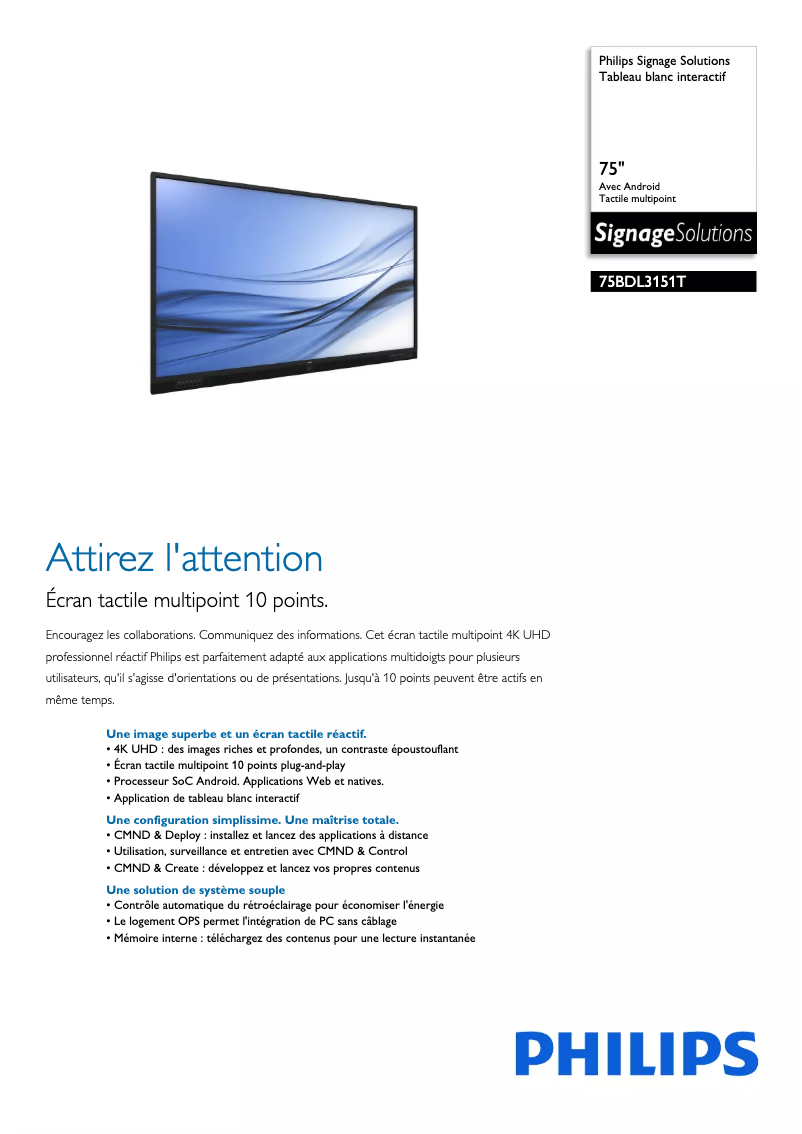 Page 1 de la notice Fiche technique Philips Signage Solutions 75BDL3151T