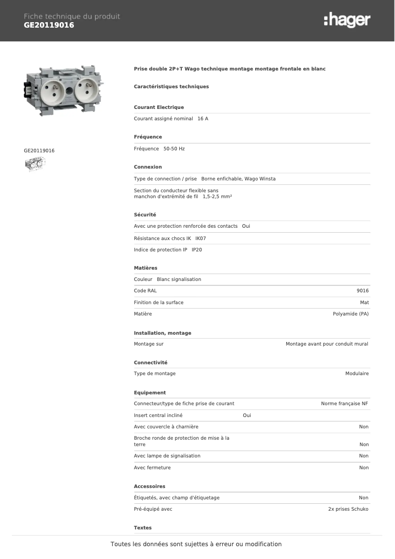 Page 1 de la notice Manuel utilisateur Hager GE20119016