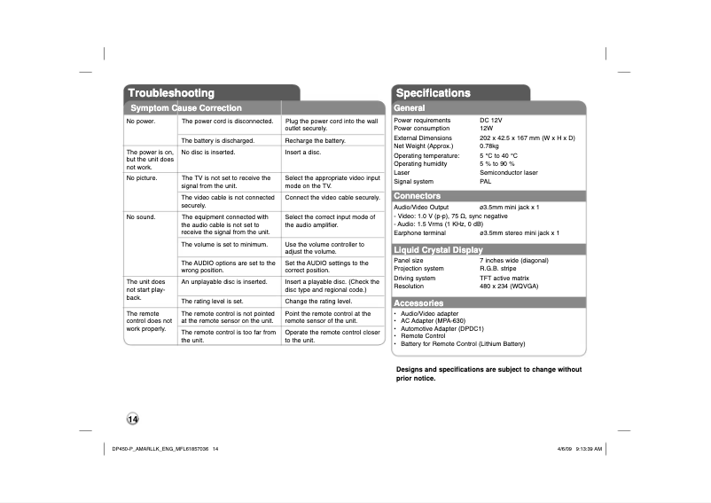 Image de la première page du manuel de l'appareil DP450P