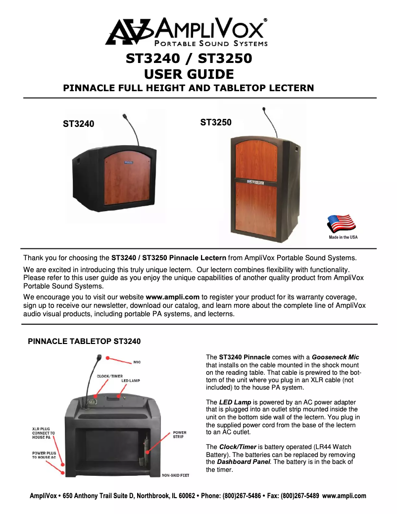 Page n°1 - Manuel utilisateur AmpliVox Pinnacle ST3240