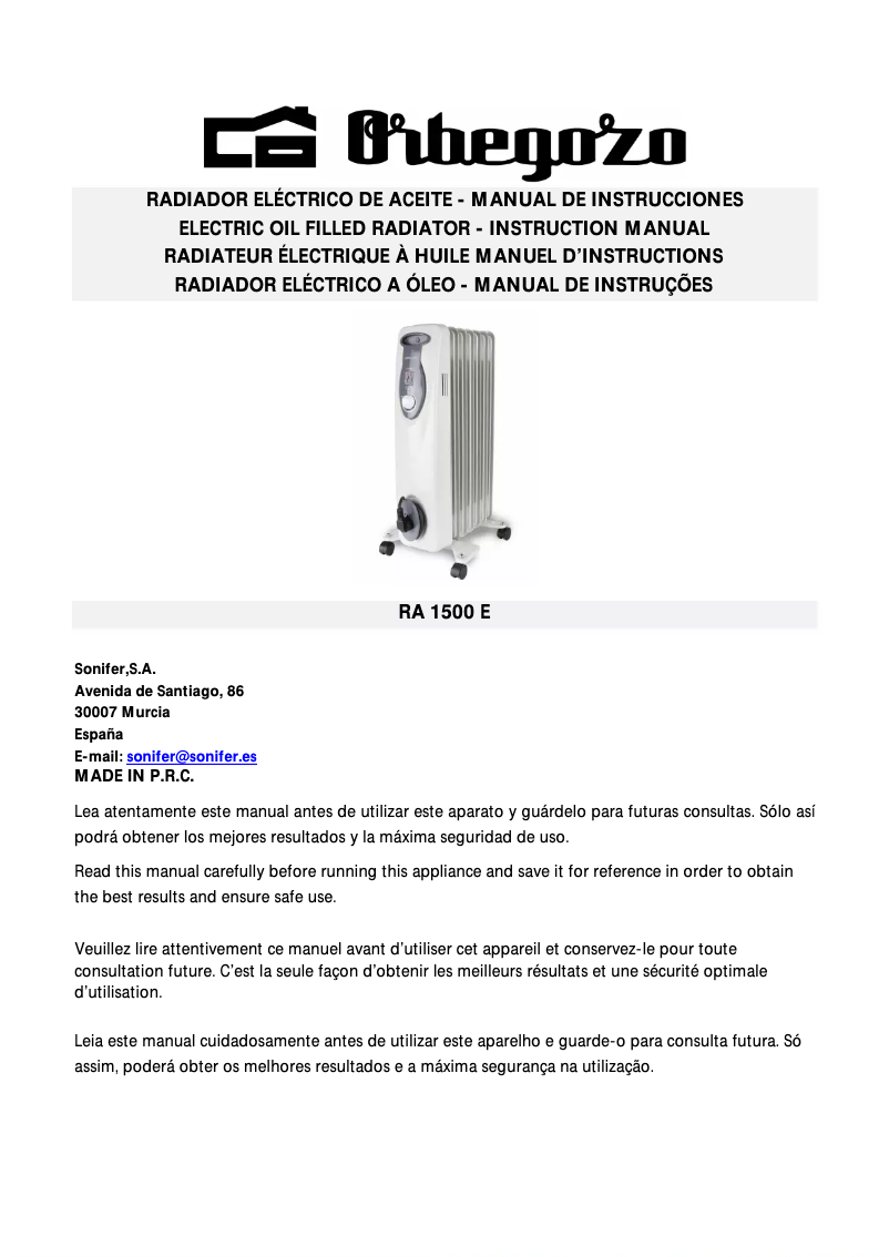 Page 1 de la notice Manuel utilisateur Orbegozo RA 1500