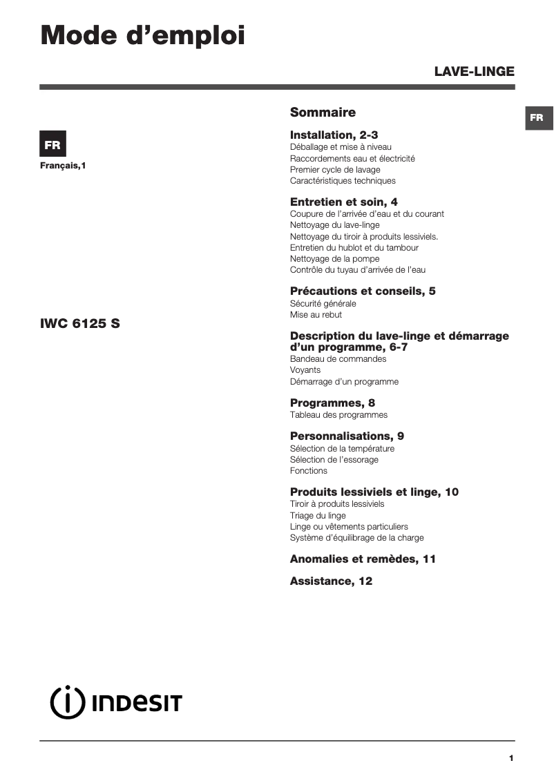 Página 1 del manual Manual de usuario Indesit IWC 6125 S (FR)