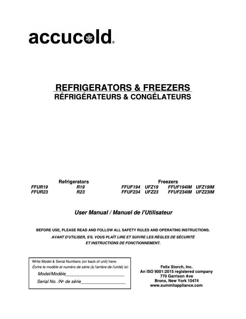 Page 1 de la notice Manuel utilisateur Accucold FFUR19