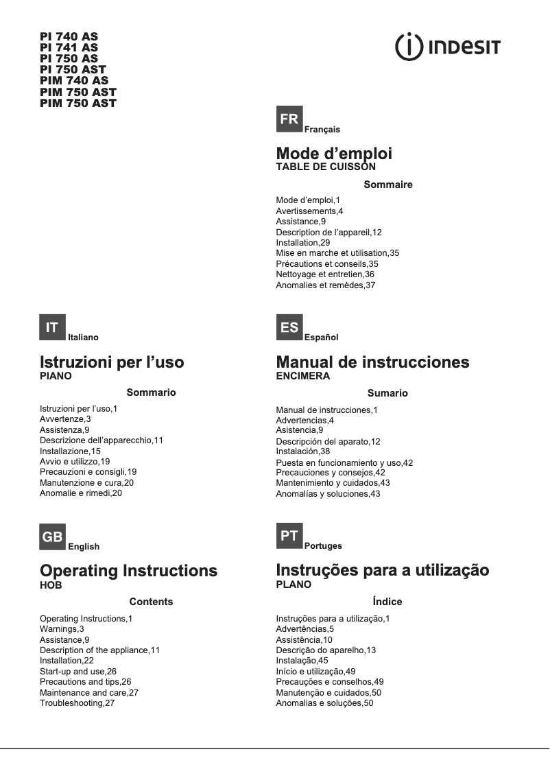 Page 1 de la notice Instructions / montage Indesit PIM 750 AS (IX)
