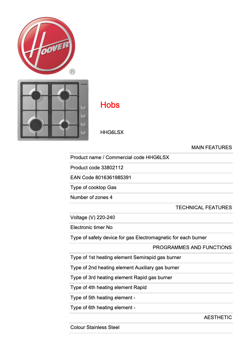 Page n°1 - Fiche technique Hoover HHG6LSX