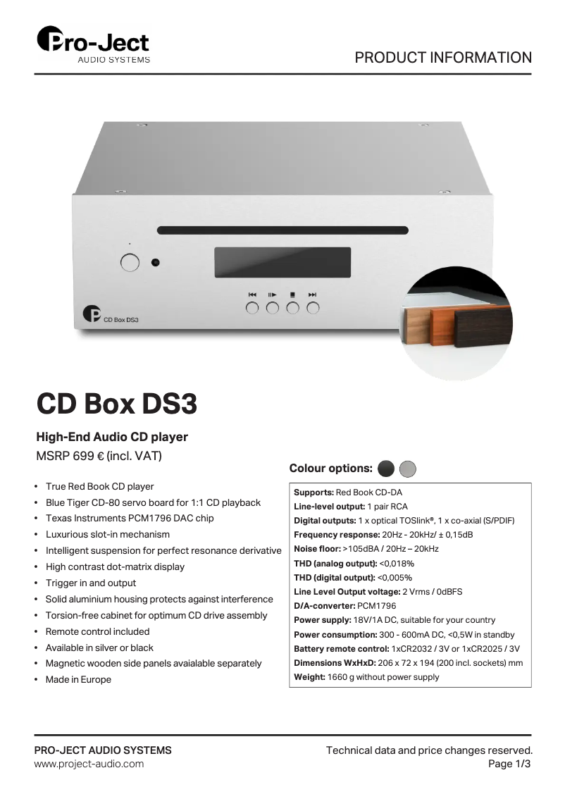 Página 1 del manual Ficha técnica Pro-Ject CD Box DS