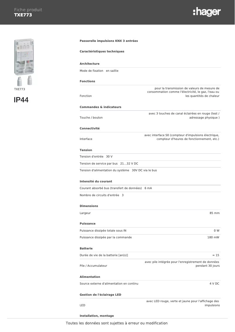 Page n°1 - Fiche technique Hager TXE773