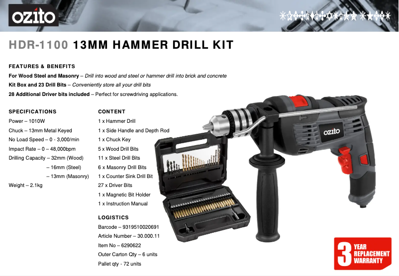 Page 1 de la notice Fiche technique Ozito HDR-1100