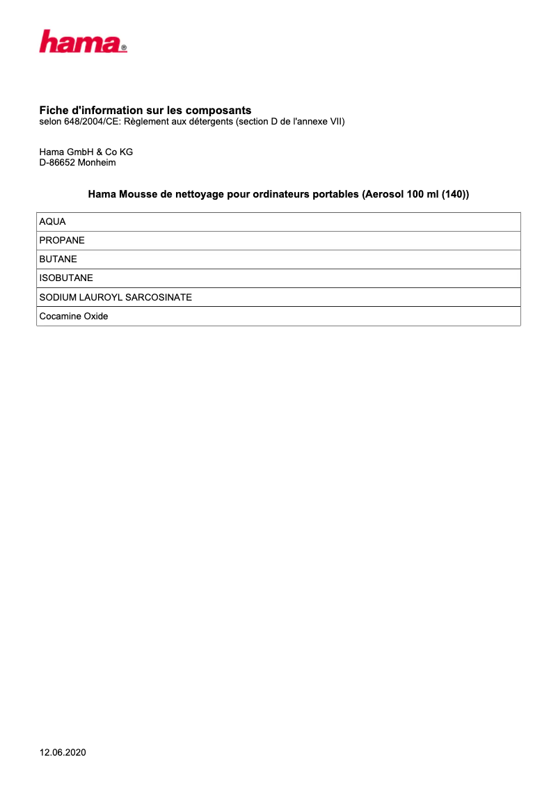 Page 1 de la notice Fiche technique Hama 00113808