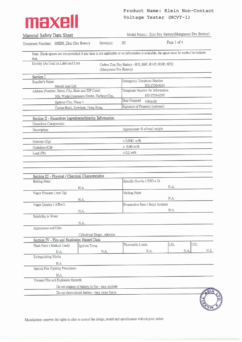 Page 1 de la notice Fiche technique Klein Tools NCVT-1