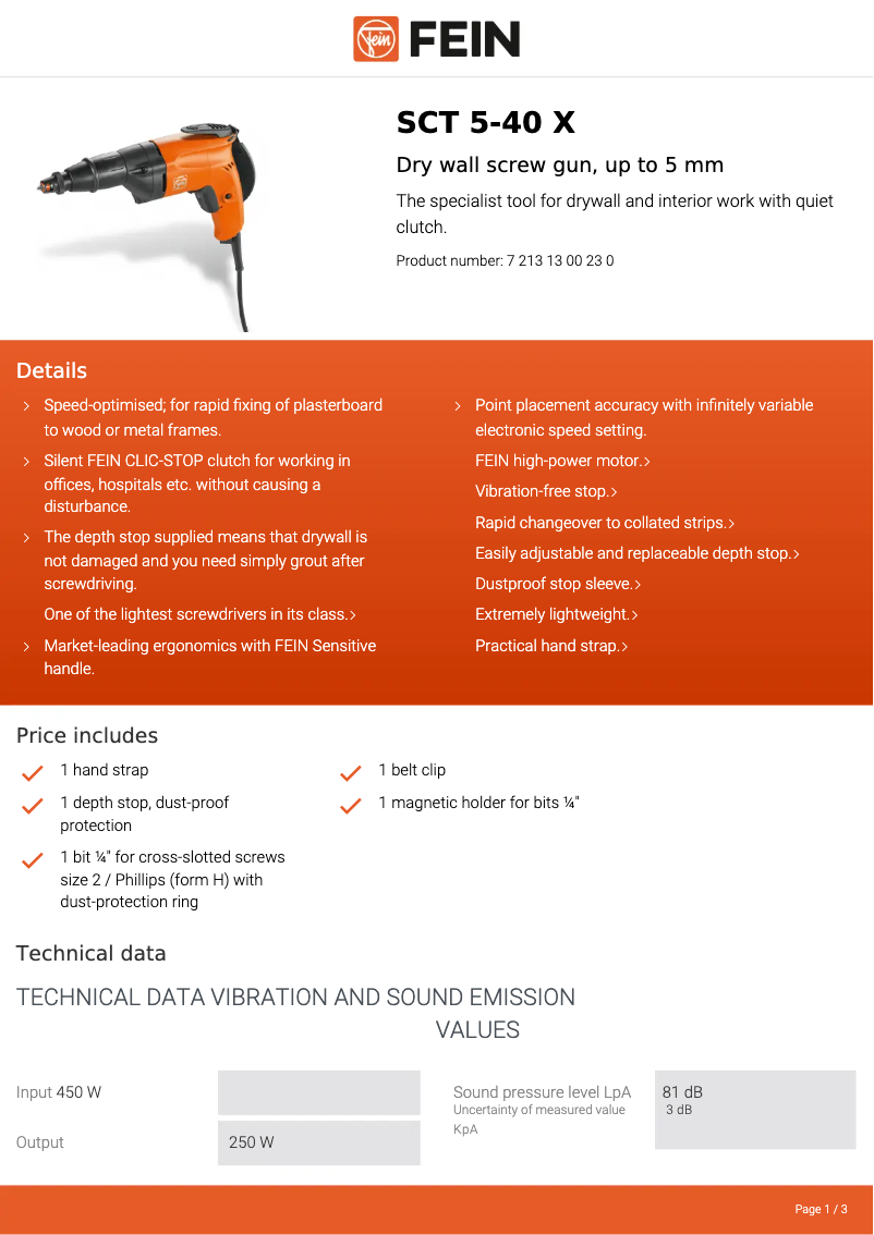 Page 1 de la notice Fiche technique Fein SCT 5- 40 X