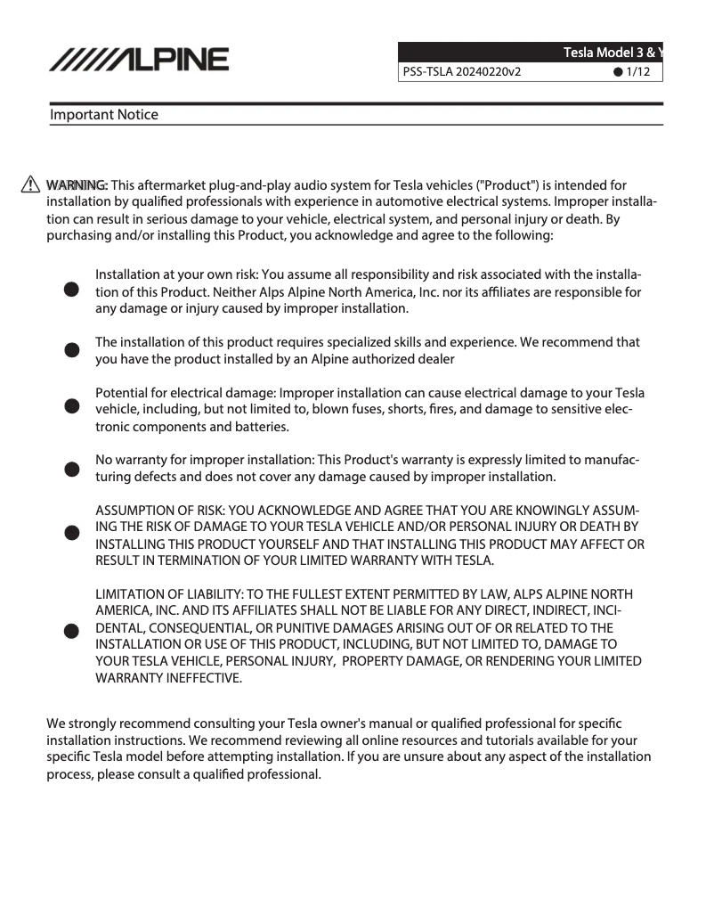 Page n°1 - Manuel utilisateur Alpine PSS-TSLA-223