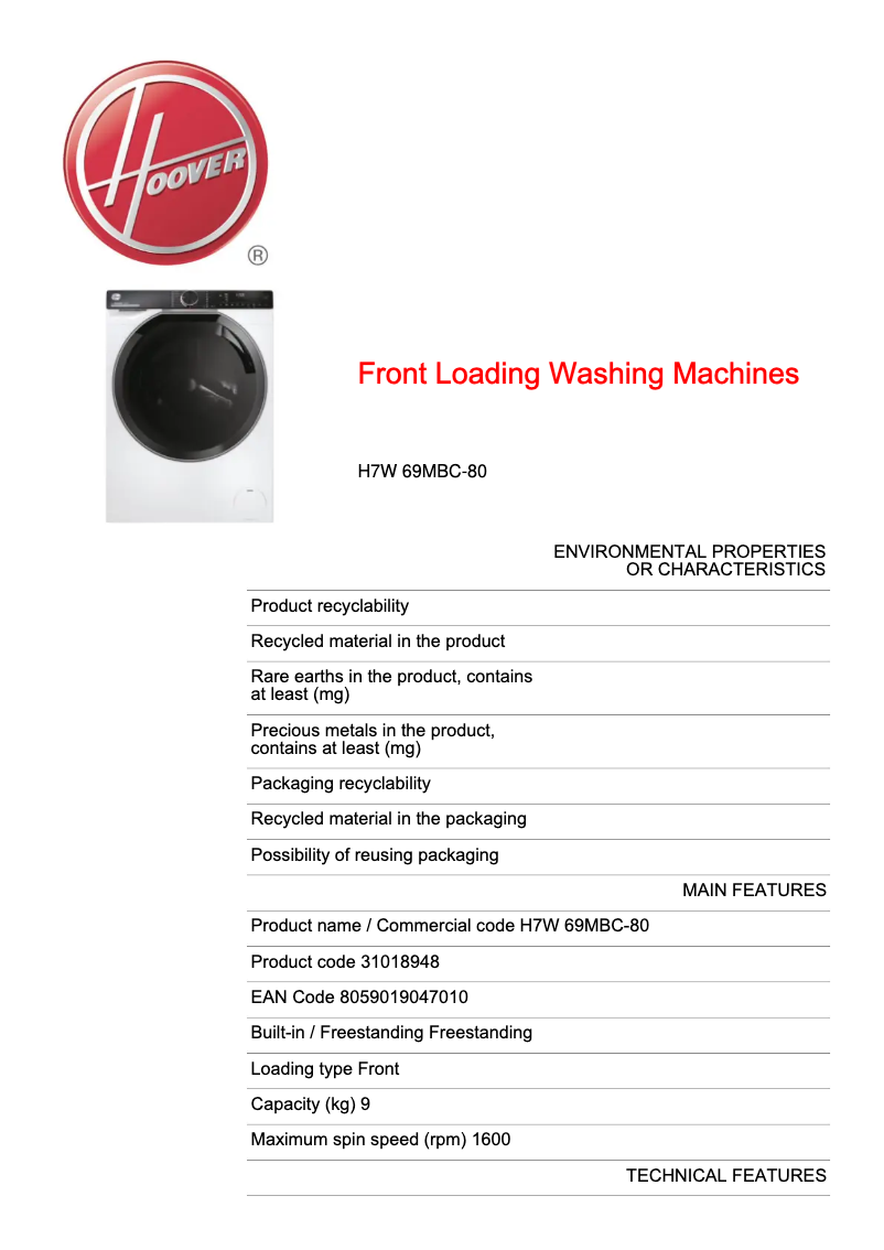 Page 1 de la notice Fiche technique Hoover H7W 69MBC-80