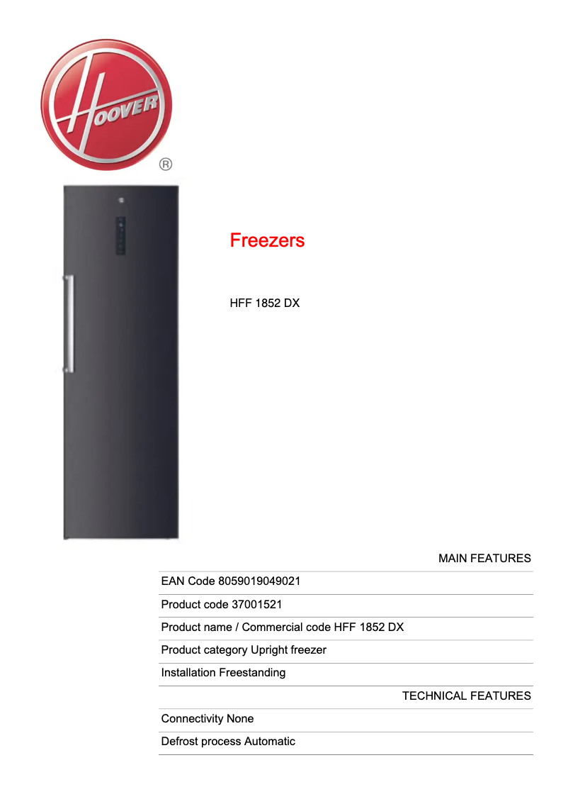 Page 1 de la notice Fiche technique Hoover HFF 1852 DX