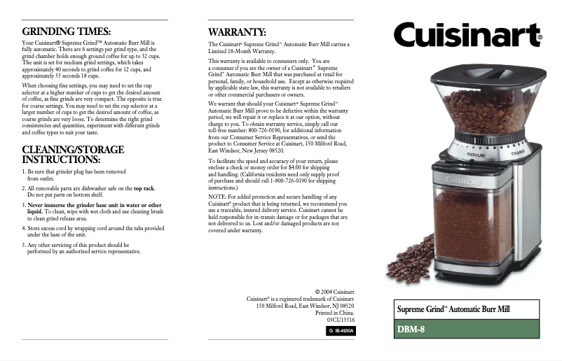 Page 1 de la notice Manuel utilisateur Cuisinart Supreme Grind DBM-8