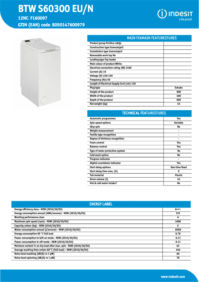 Page n°1 - Fiche technique Indesit BTW S60300 EU/N