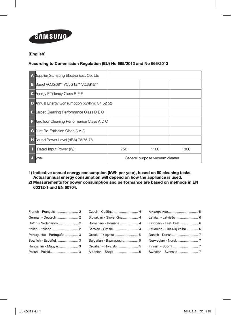Page 1 de la notice Fiche technique Samsung VCJG08QH