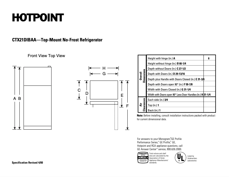 Page 1 de la notice Fiche technique Hotpoint CTX21DIBAA